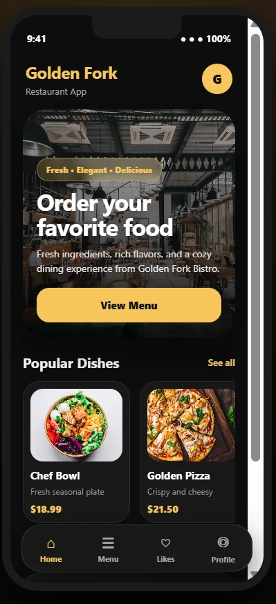 Golden Fork restaurant app design sample
